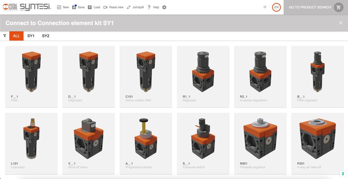 Menú de productos del configurador Syntesi
